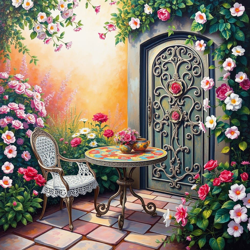 Vibrant Neo-Impressionist Garden Scene in Soft Pastel Hues