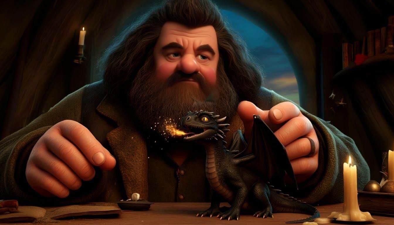Hagrid and Baby Dragon in Hut: 3D Digital Art