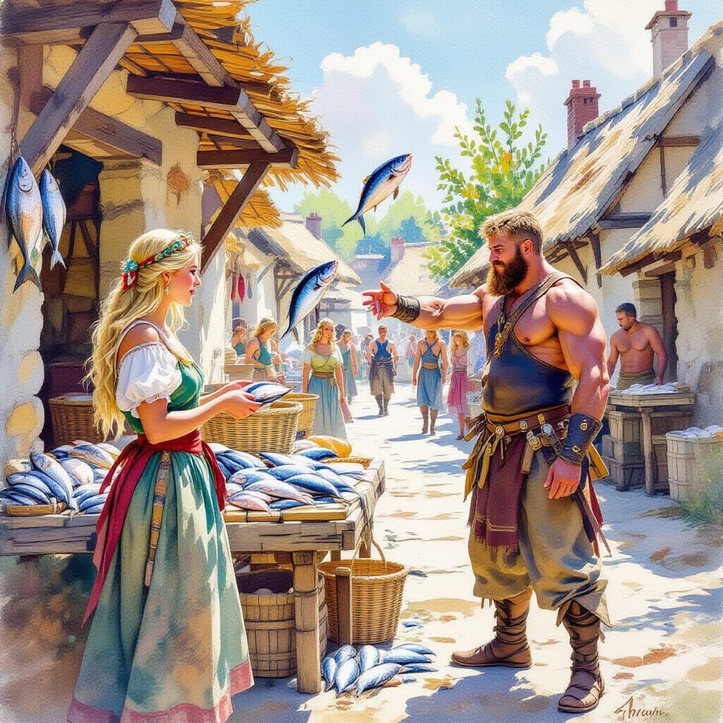 Gaulish Village Scene: Fishmonger Tosses Fish
