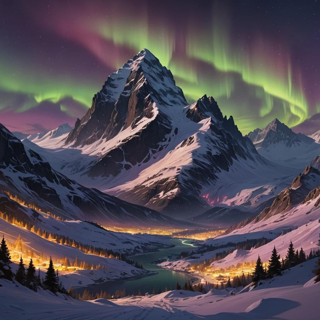 aurora borealis over mountains, dark fantasy