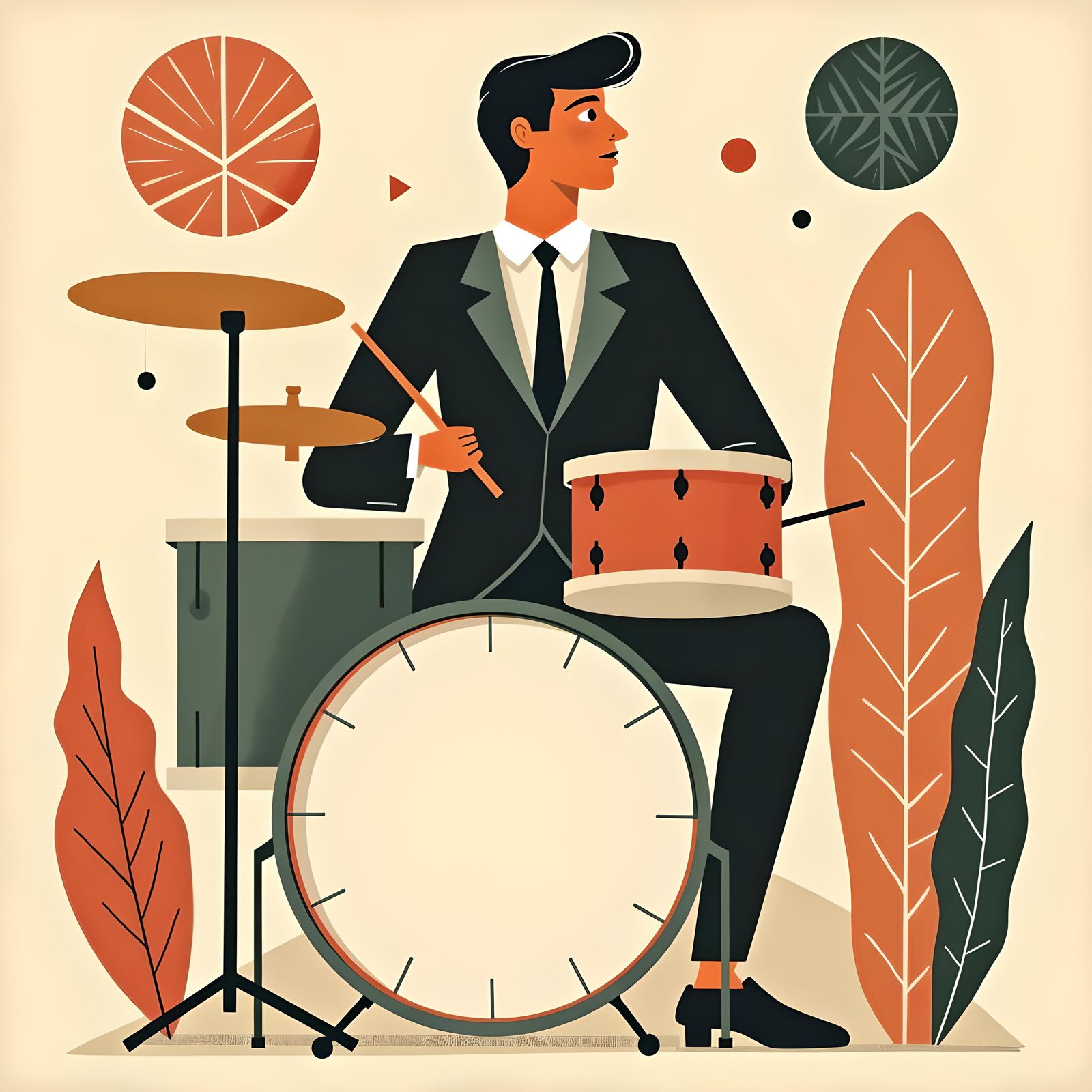 Mid-Century Modern Drawing of Jazz Drummer