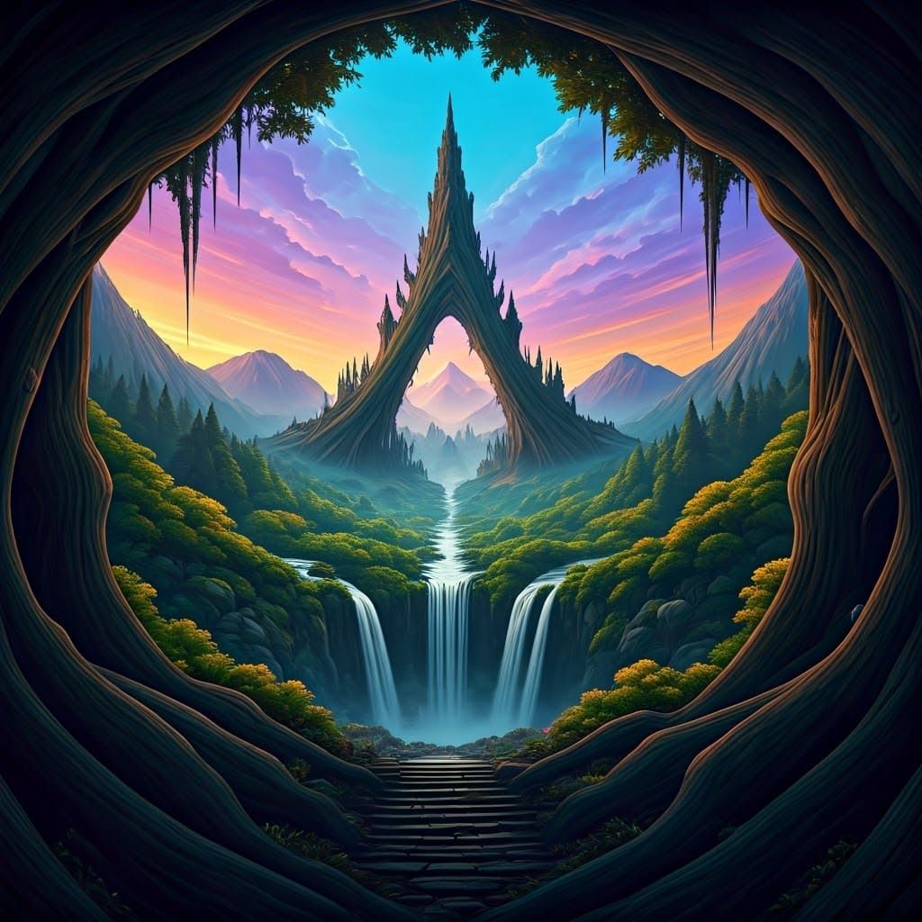 Surreal Fantasy Realm with Gnarled Tree Architecture and Gra...