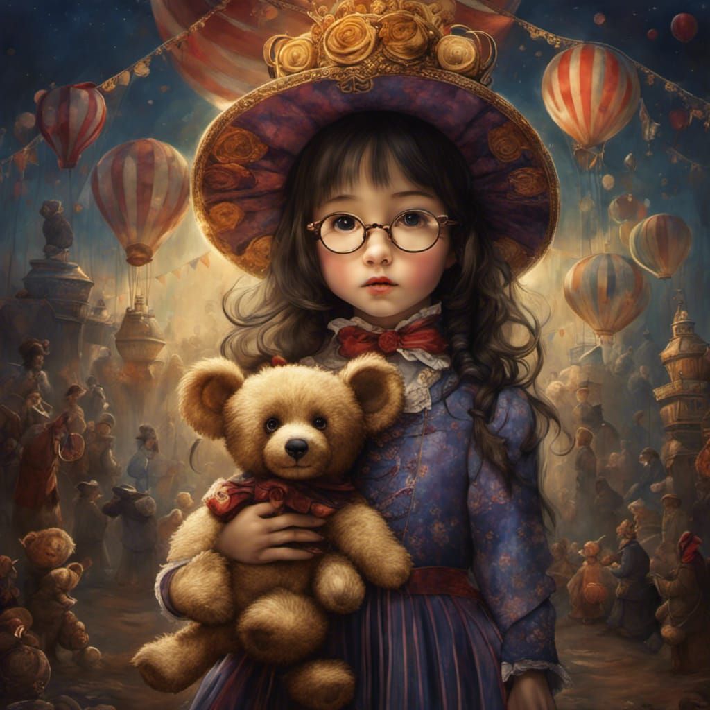 Child With Teddy in Circus Ambiance, Digital Art