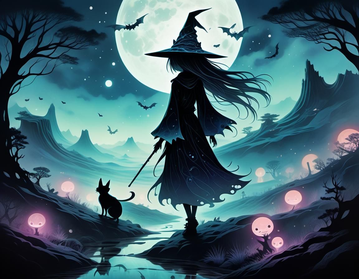 Mystical Entity and Anime Witches in Pen and Ink