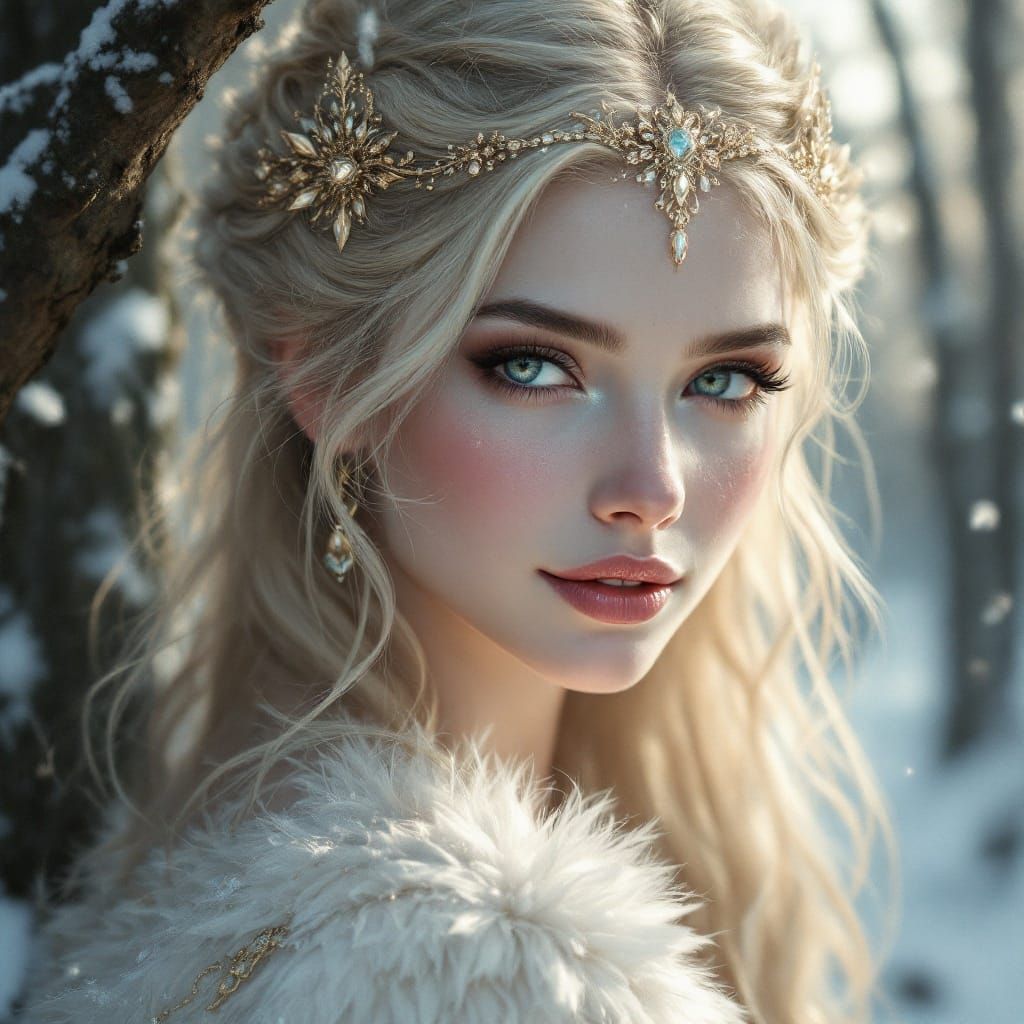 Ethereal Fantasy Portrait of a Blond Woman in a Snowy Forest