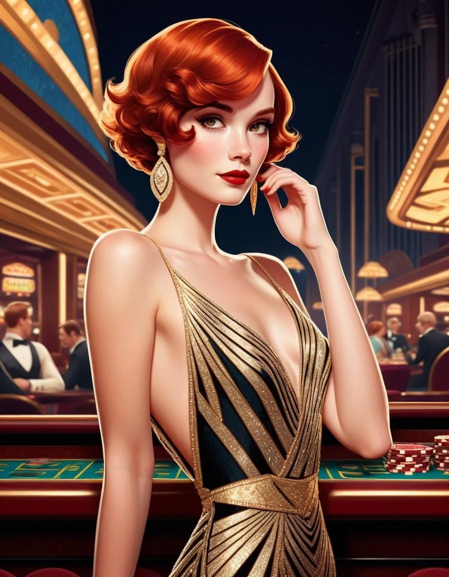 Pixar-Style Art Deco Casino Lady in Evening Gown