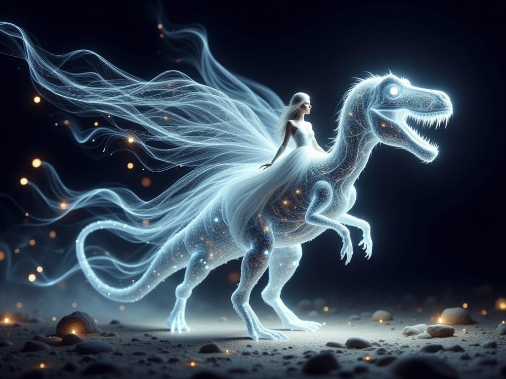 Angel Rides T-Rex of Light in Digital Art