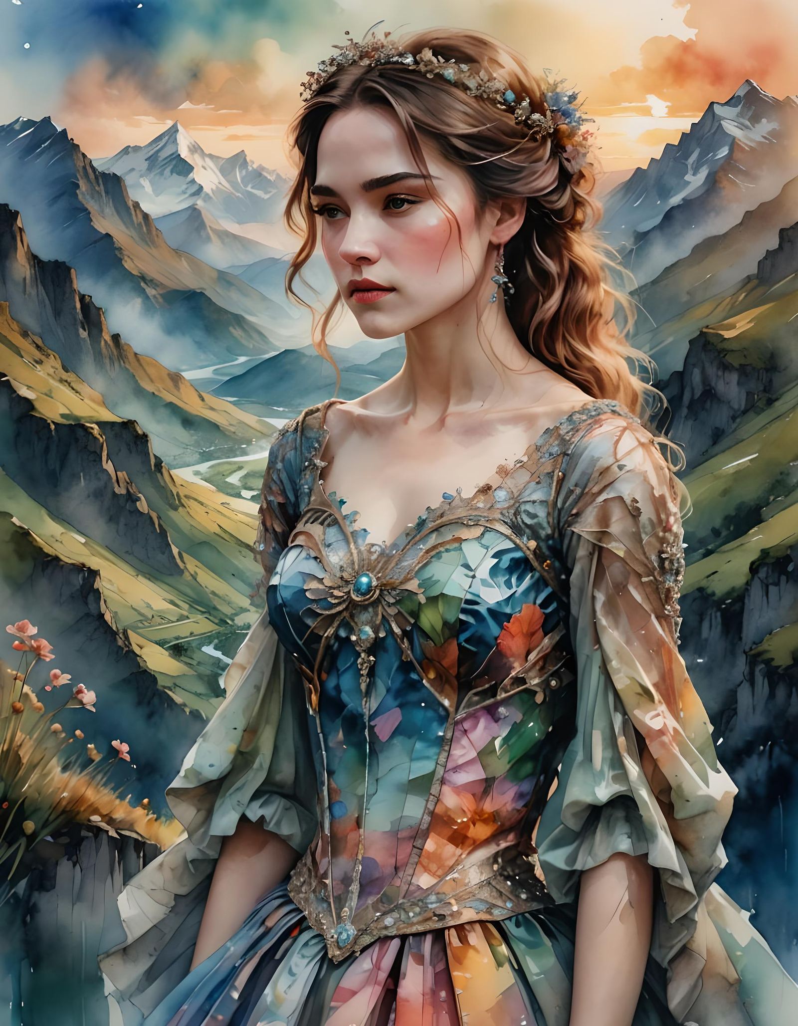 Lady in Ball Gown: Watercolor Mountain Portrait