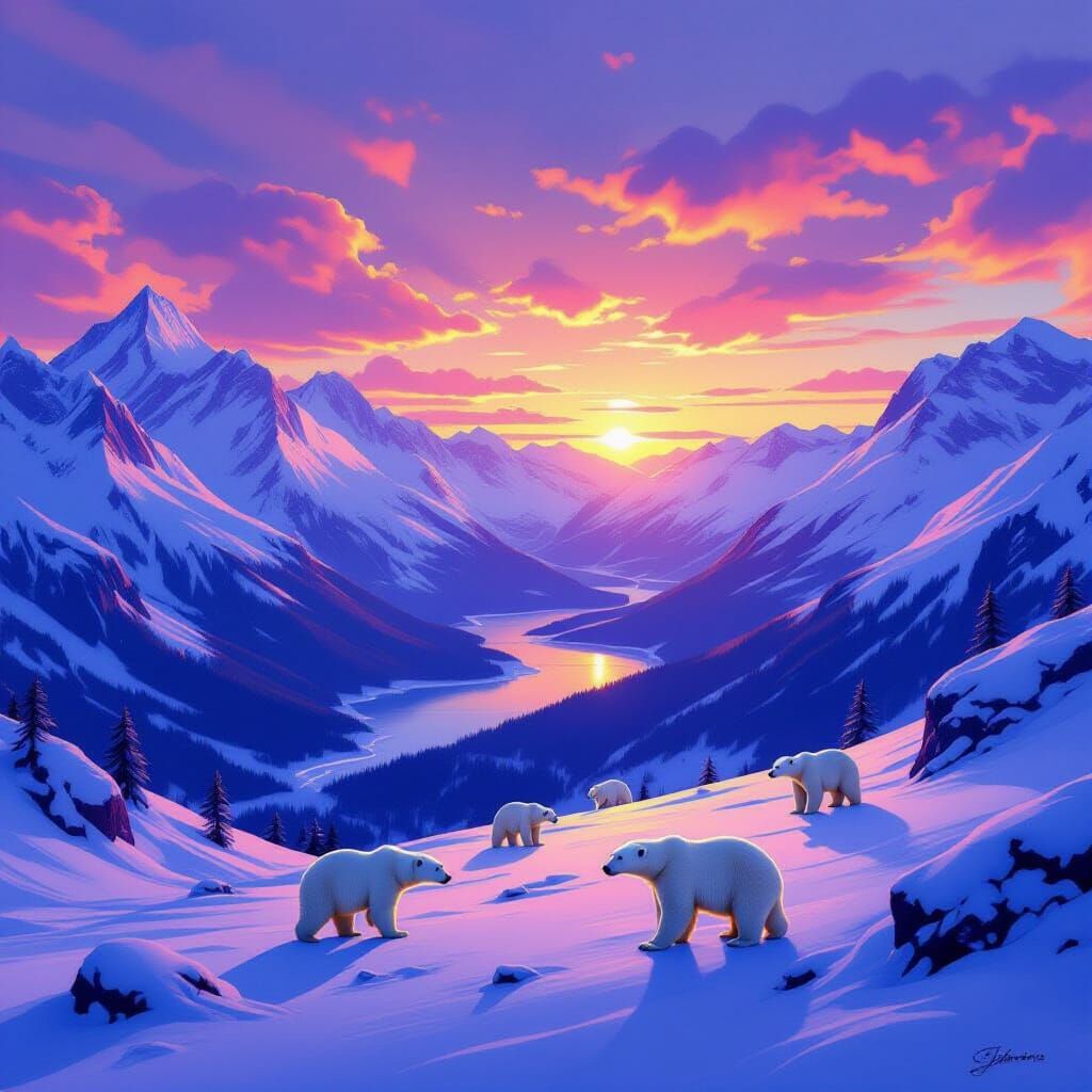 Polar Bears in Snowy Mountain Valley at Sunset