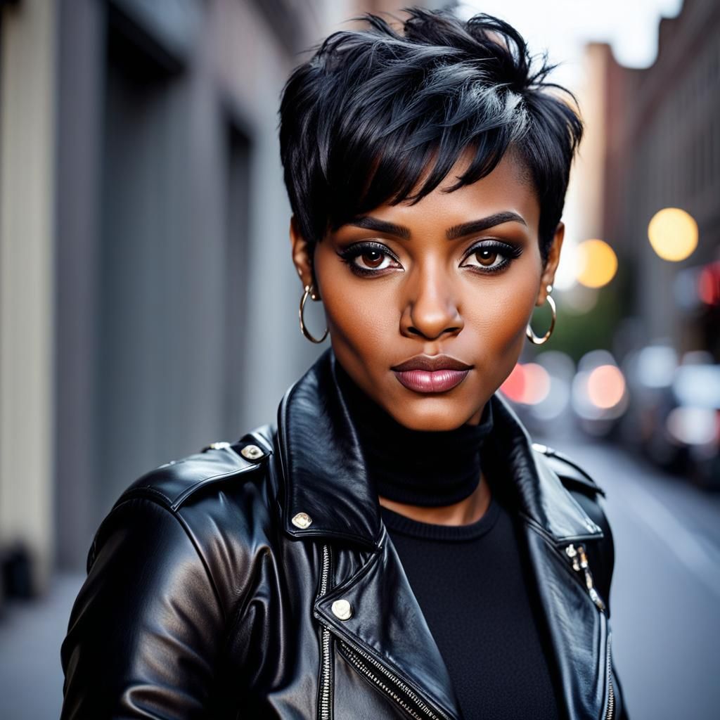Striking Dark-Skinned Woman with Pixie Cut
