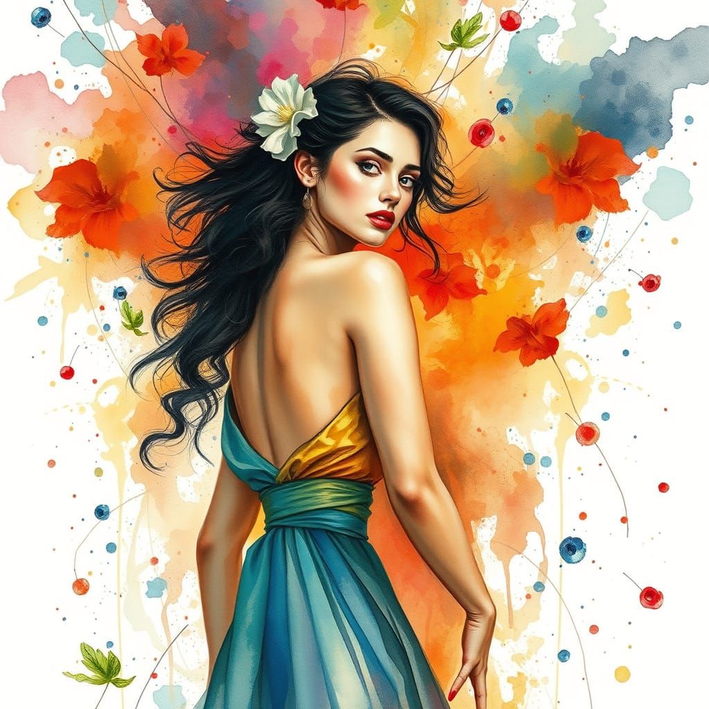 Woman in Flowing Dress Amidst Vibrant Chaos