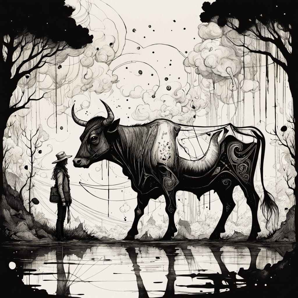 Cowgirl Assists Cow Calving in Post-Apocalyptic Sketch Style