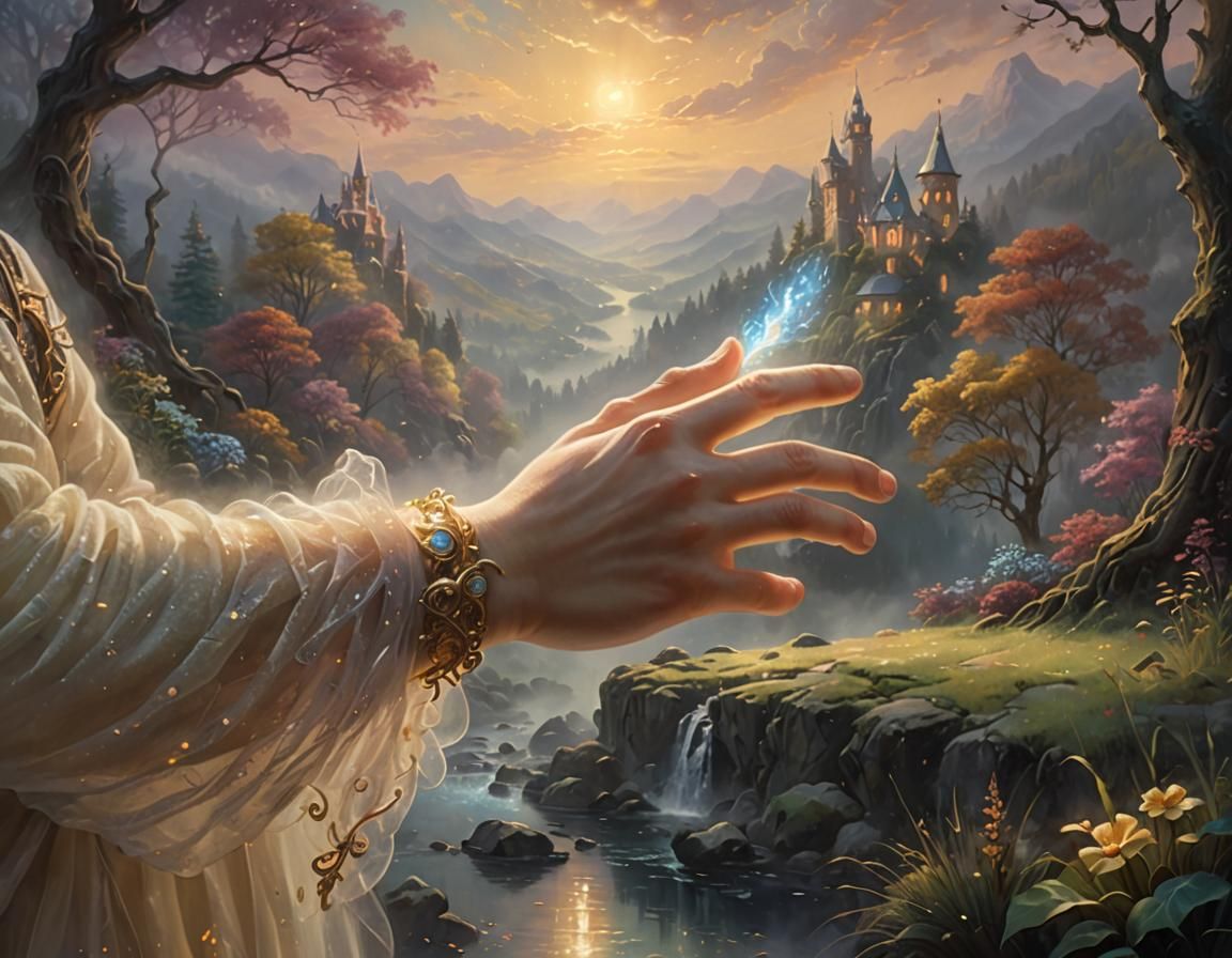 Glowing Hand Over Misty Landscape in Oil Painting Style