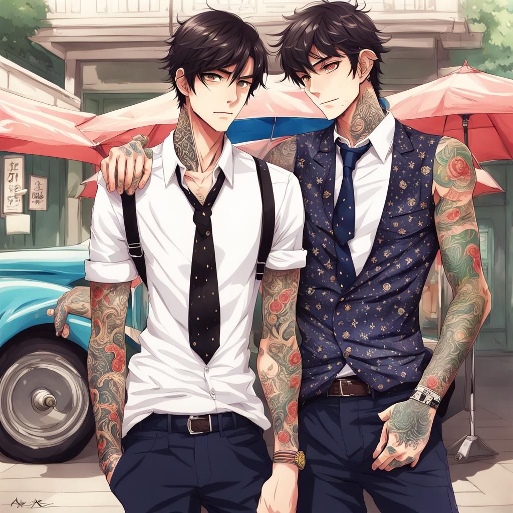 Tattooed Gay Couple in Anime Style