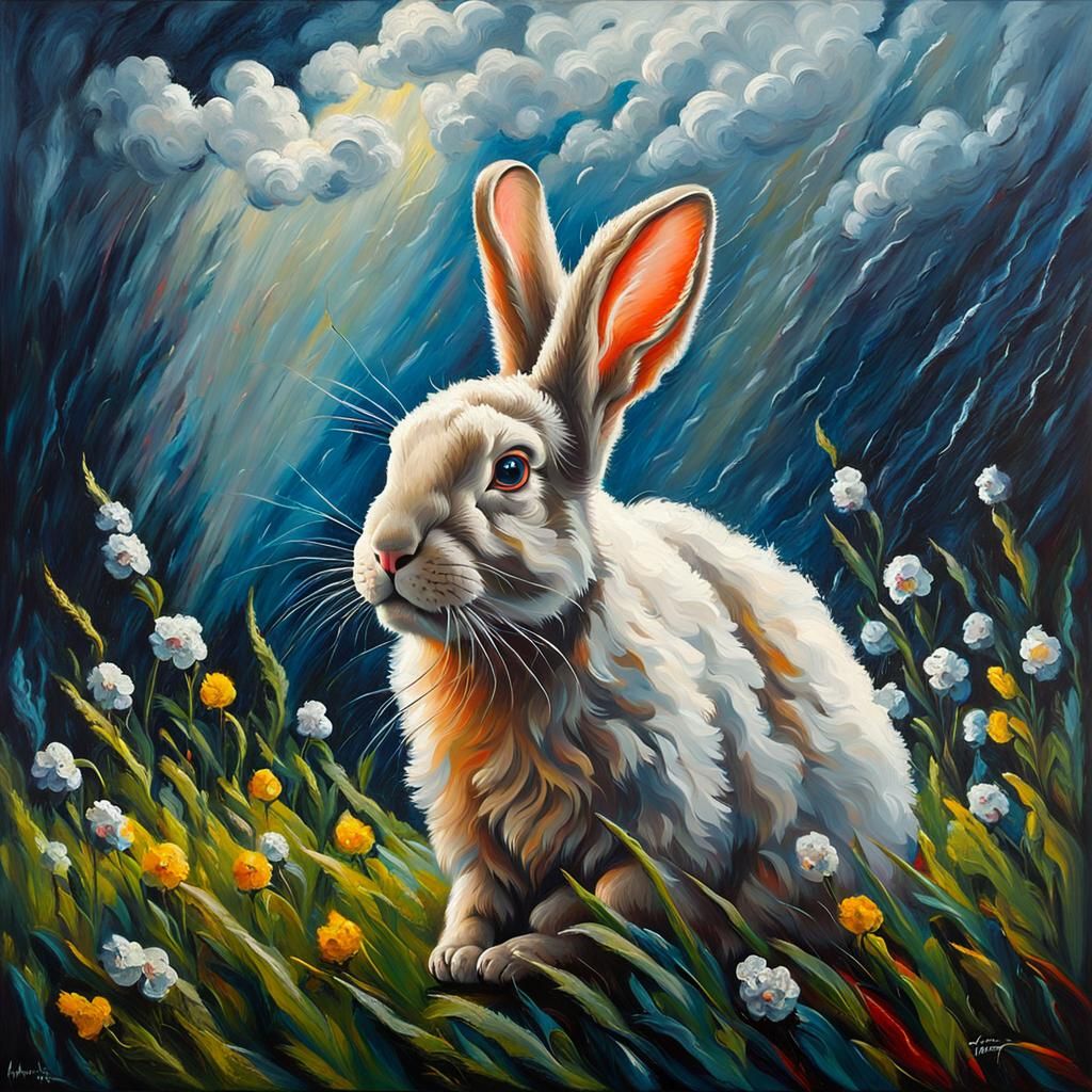 Rabbit in Spring Thunderstorm as Impasto Oil Painting