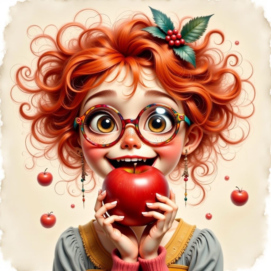 Whimsical Chibi Girl Bites into a Juicy Red Apple