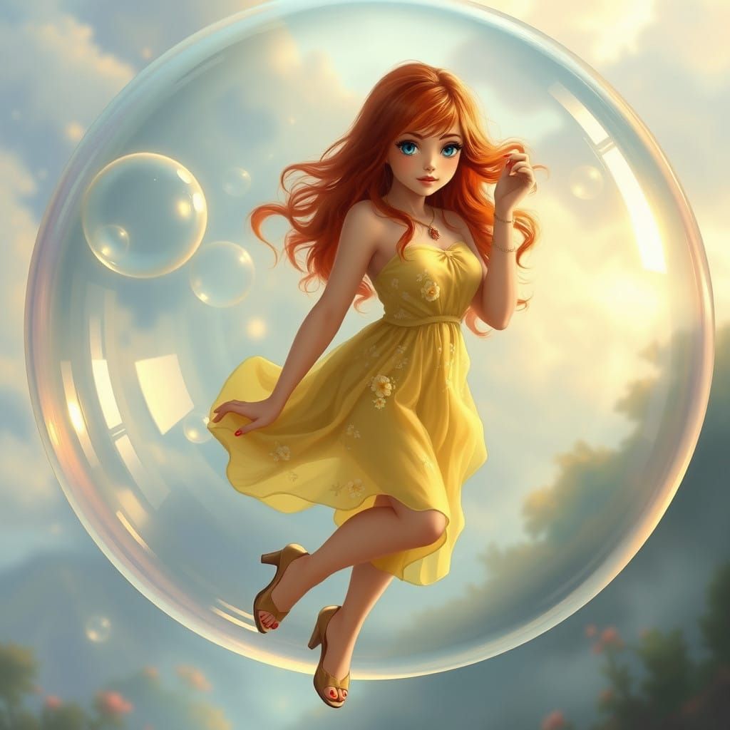 Ethereal Fantasy Scene: Woman in Yellow Sundress Floats Amid...