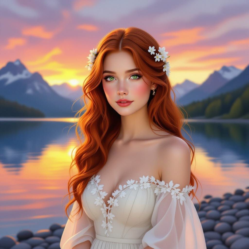 Young Woman with Red Hair and Flowers by Sunset Lake