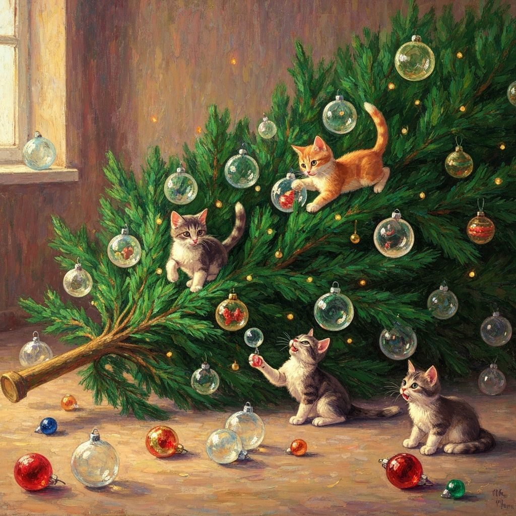 Kittens Play Among Fallen Christmas Tree Ornaments