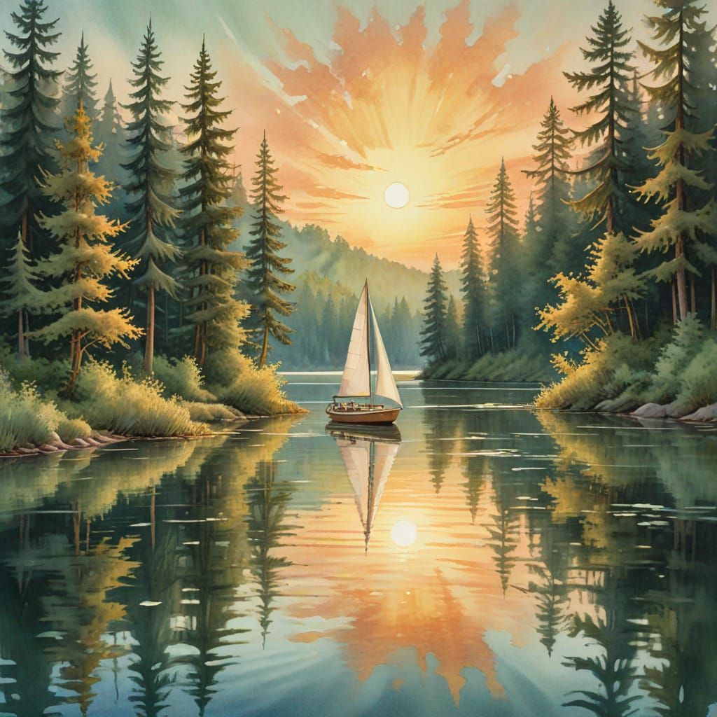 Sailboat on Calm Lake at Sunset in Stylized Watercolor Art N...