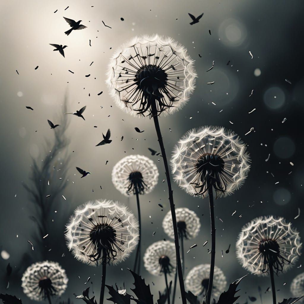 Dandelion Seeds Morphing into Doves: Surreal Digital Art