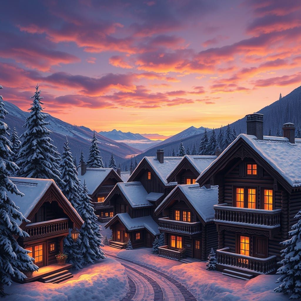 Bucolic Alpine Village at Sunset