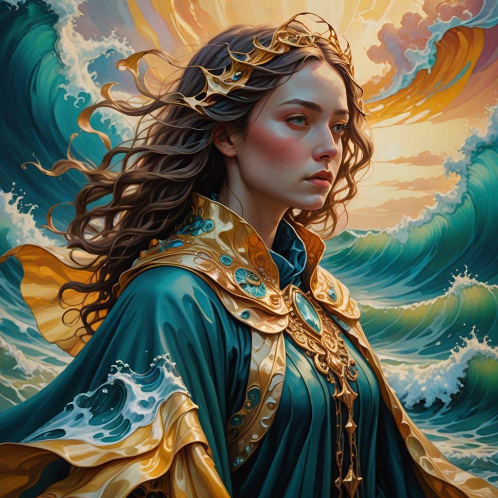 She wears the seas as an  aqua cloak. Blue, green, white drama evoke.