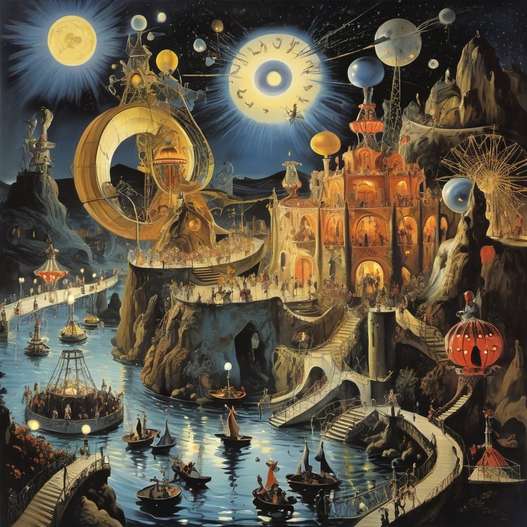 Surreal amusement park at night