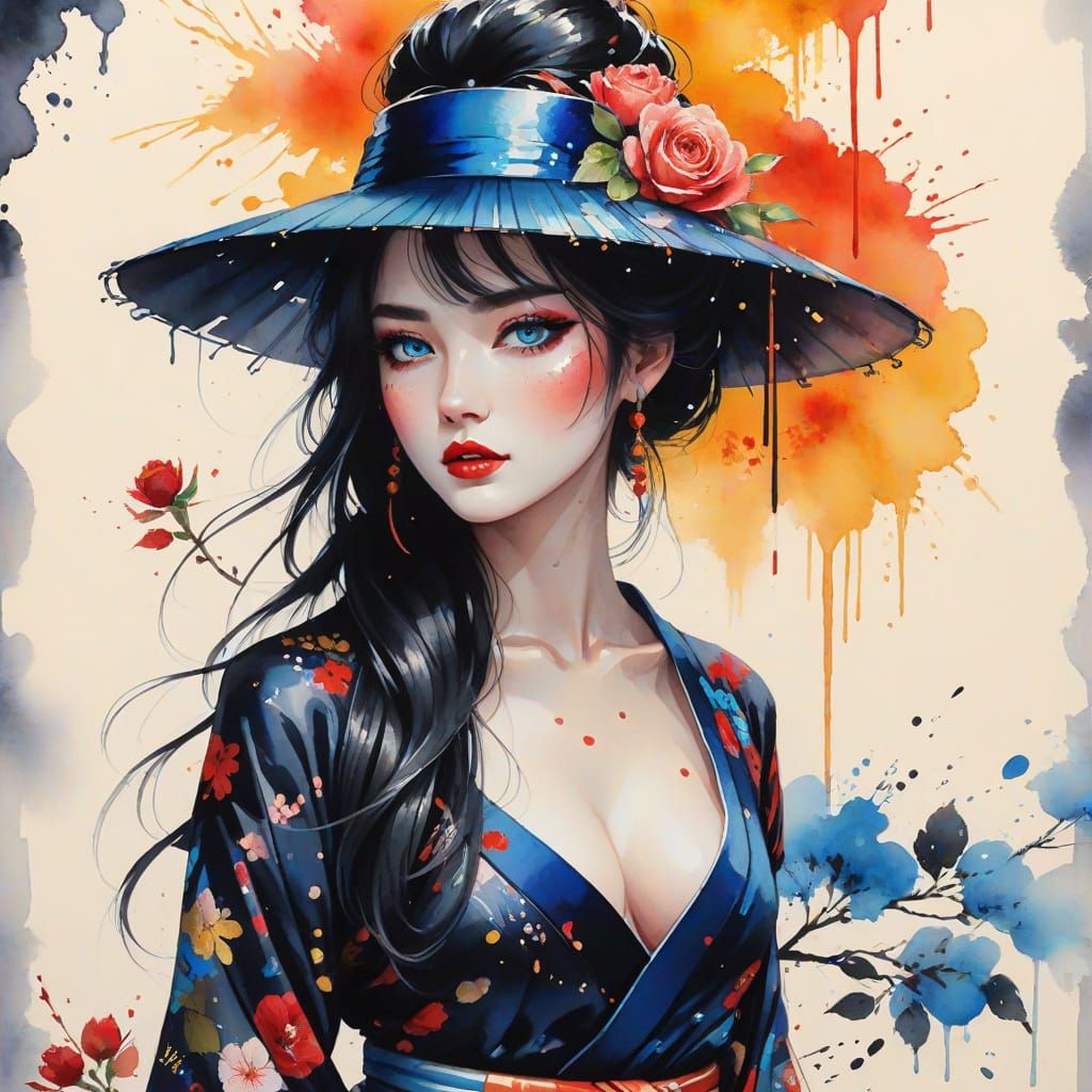 Anime-Style Portrait of a Beautiful Young Woman in a Traditi...