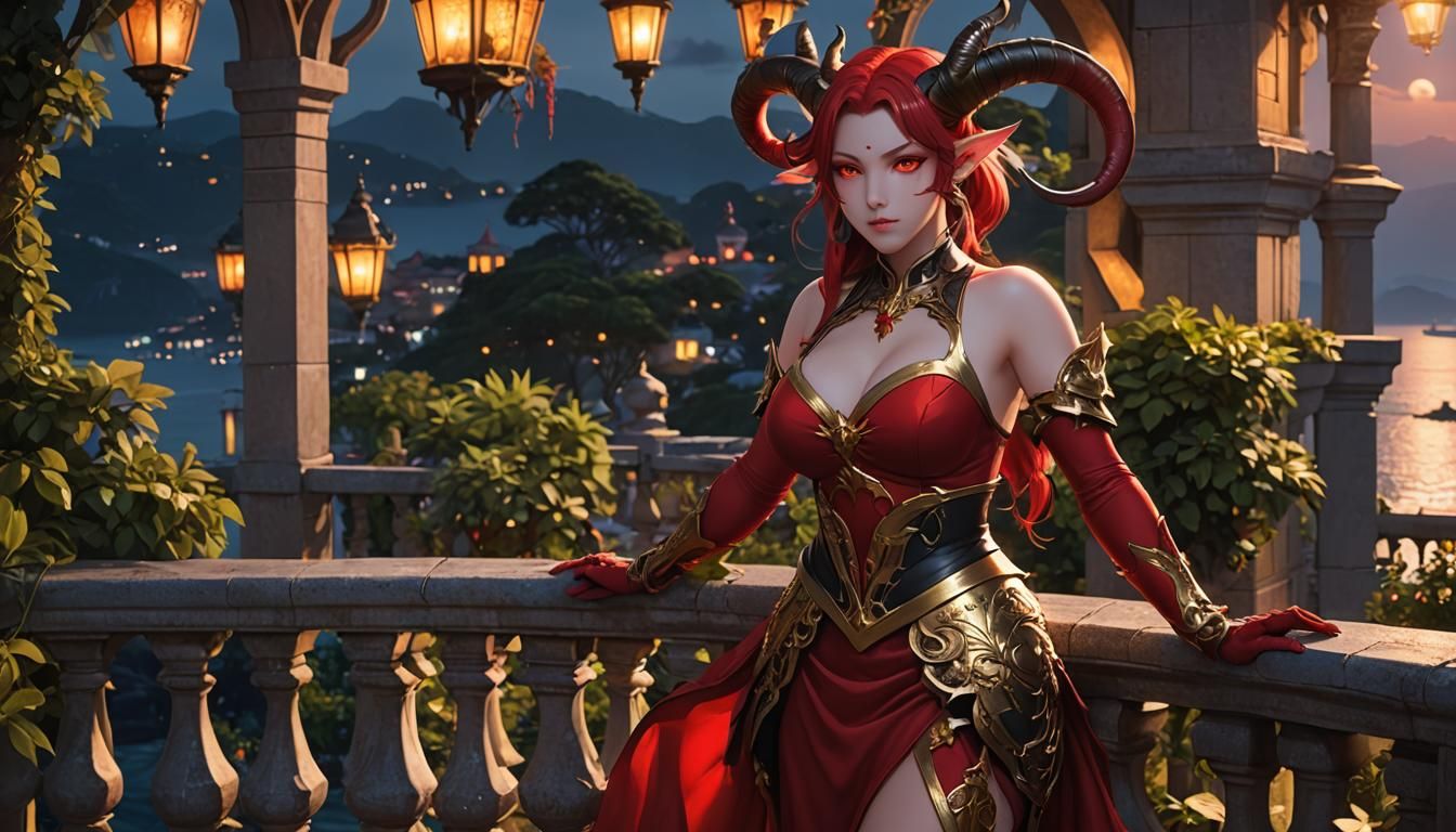 Tiefling Woman on Balcony at Night in 3D Anime Art