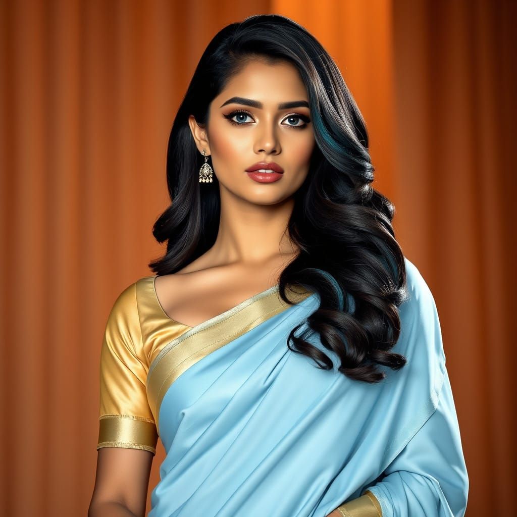 Elegant Indian Beauty in a Light Blue Saree
