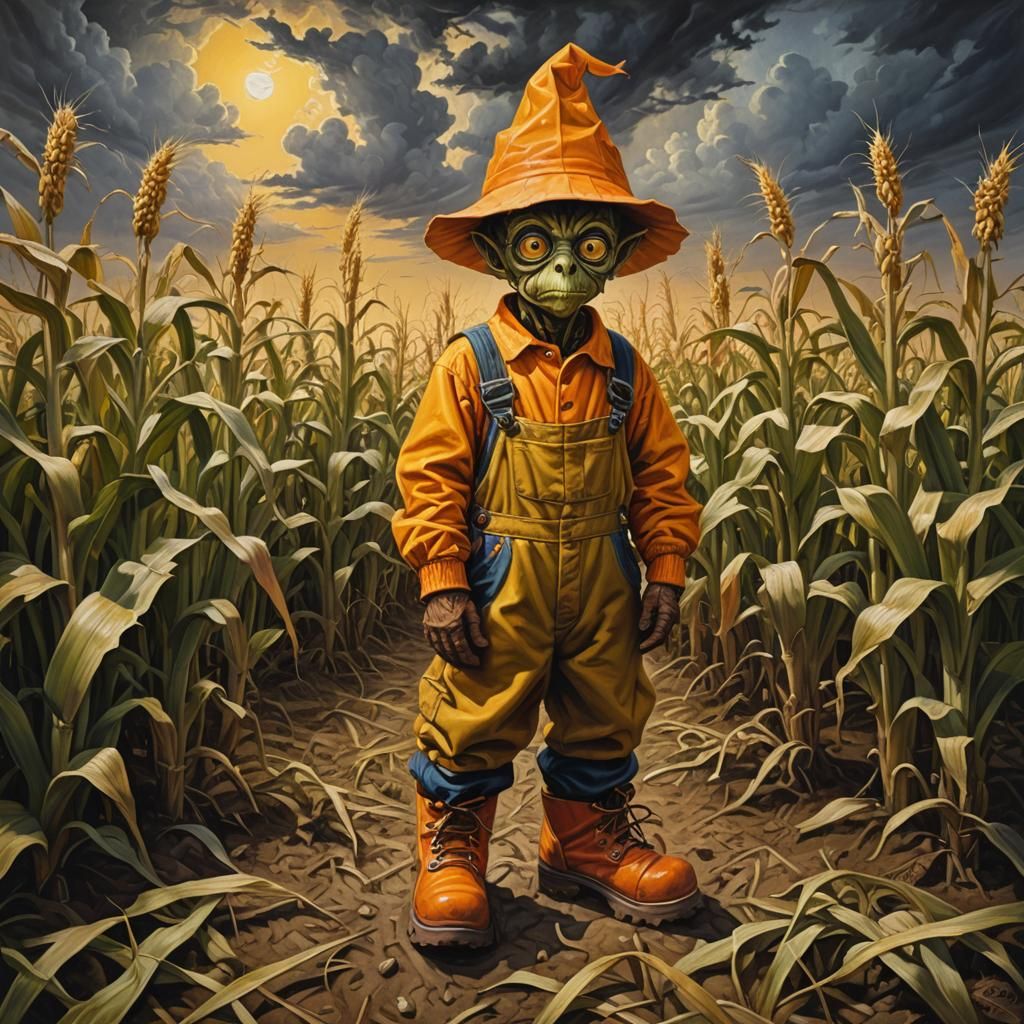 Surreal Cornfield Dwarf in Ominous Light
