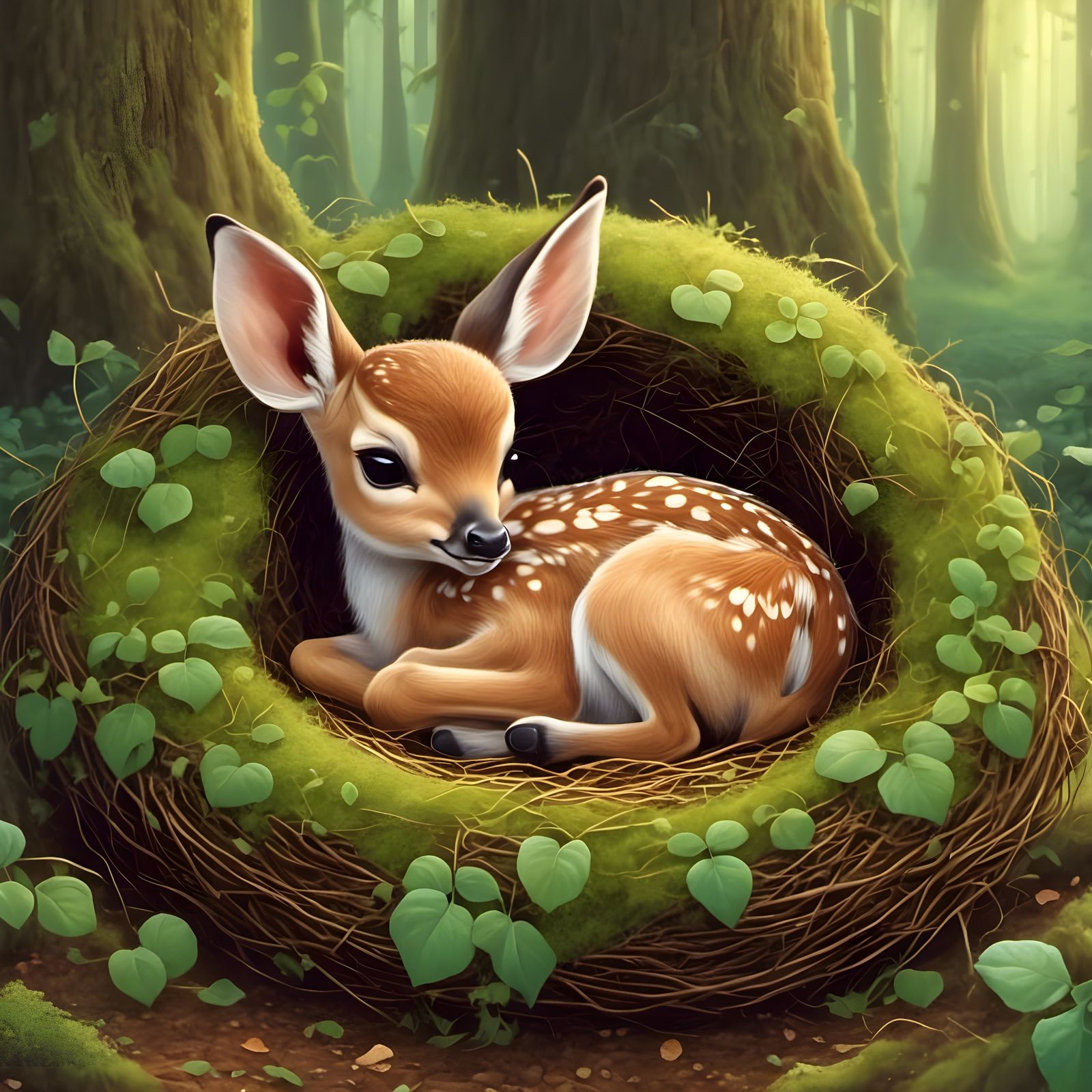 Cartoon Baby Fawn in Serene Forest Nest