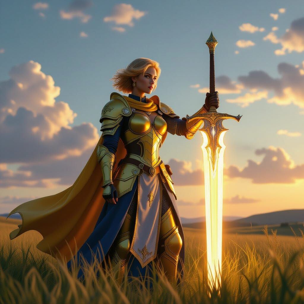 Female Paladin with Glowing Sword, Digital Matte Painting