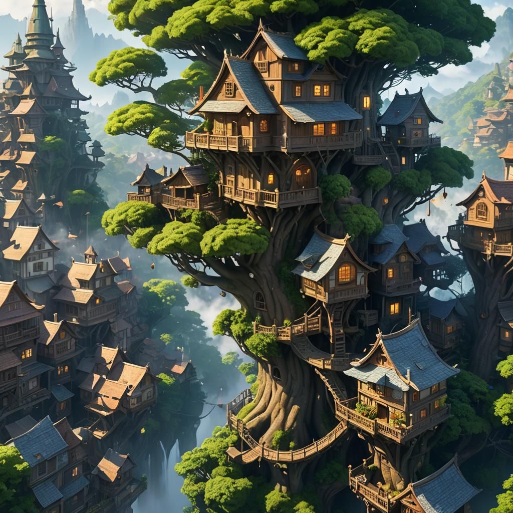 Treehouse City on World Tree: 3D Anime Art