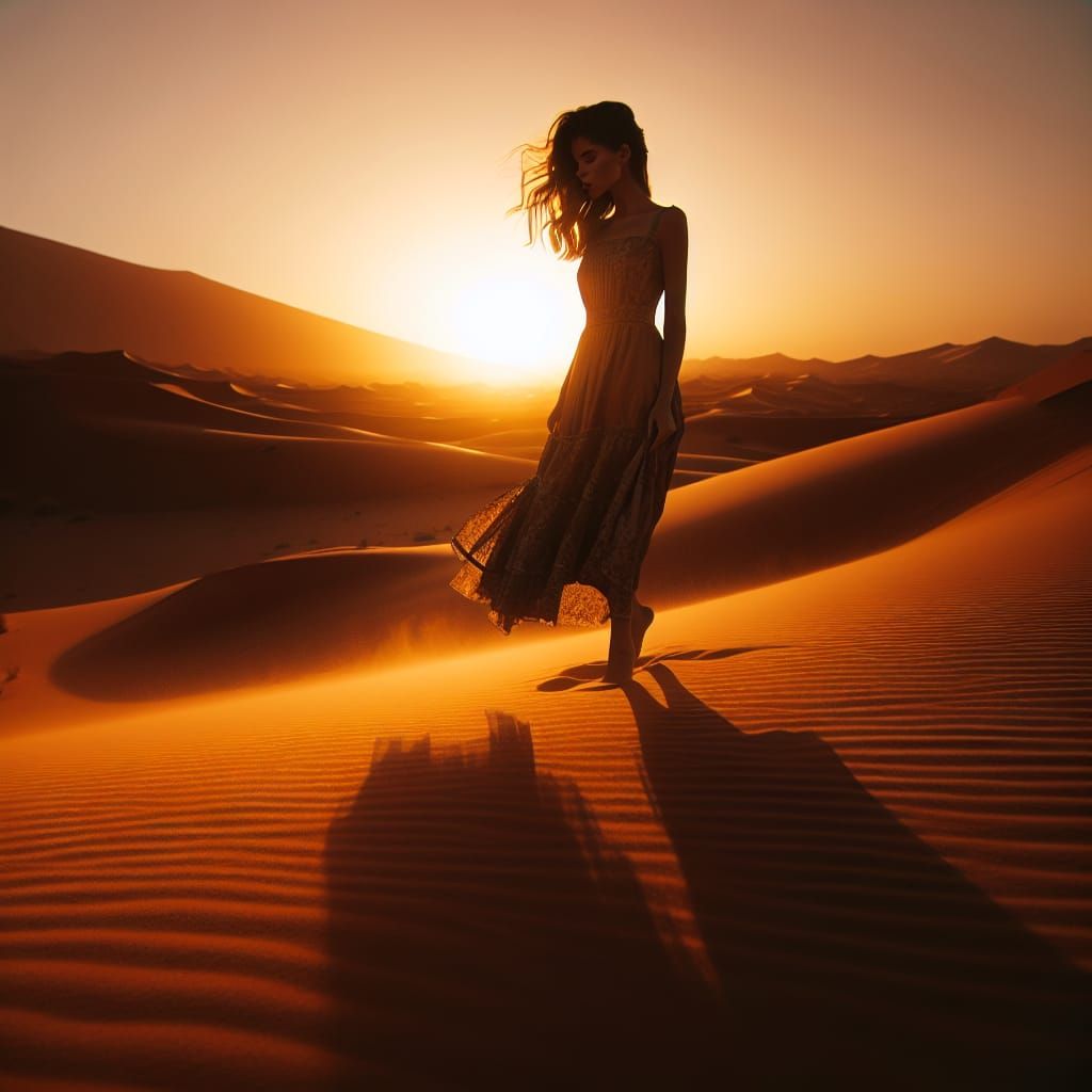 Woman in Sahara Desert at Sunset