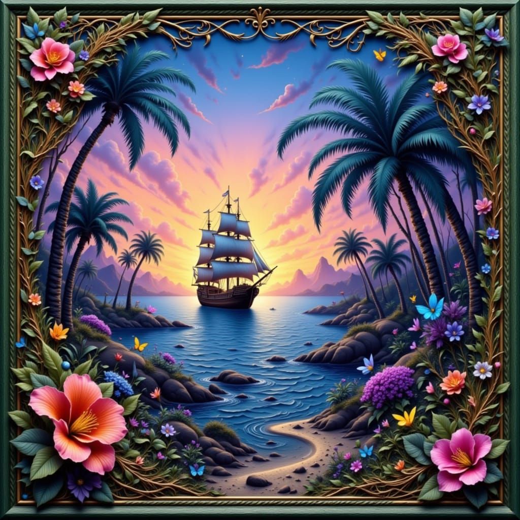 Framed Pirate Ship Portrait in Golden Twilight