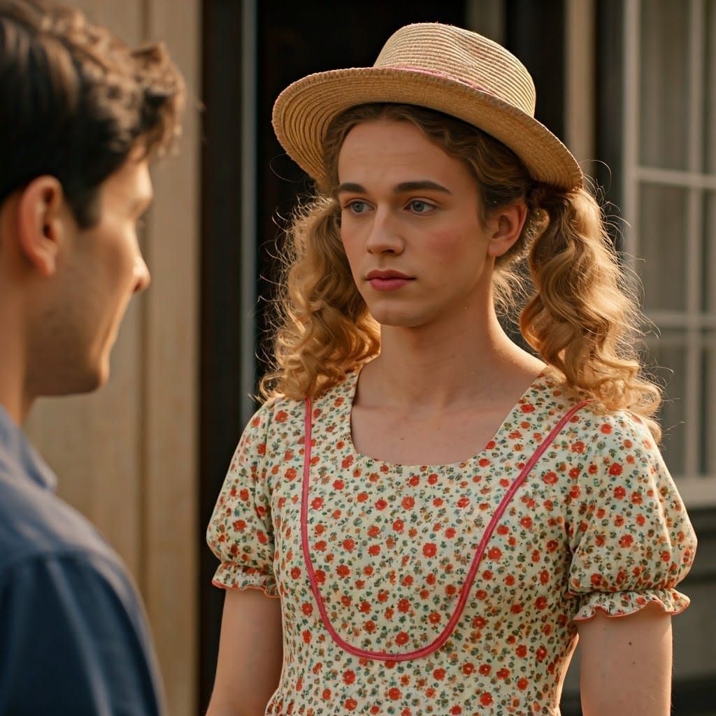 Confident Crossdresser in Vintage Floral Dress