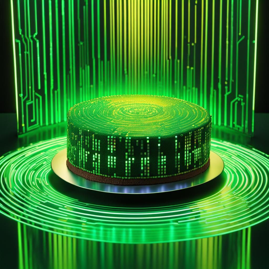 Holographic Matrix Code Cake on Art Deco Table