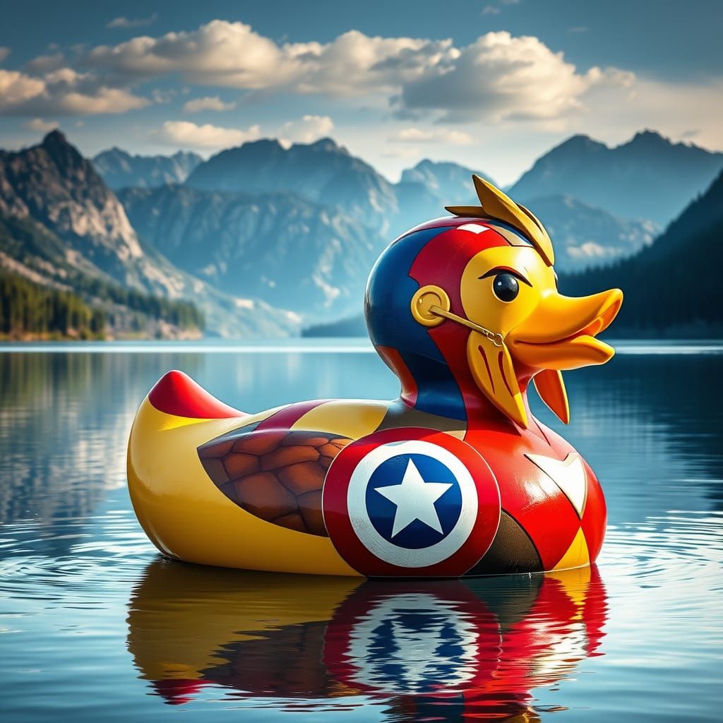 a giant Avenger rubber duck in the lake