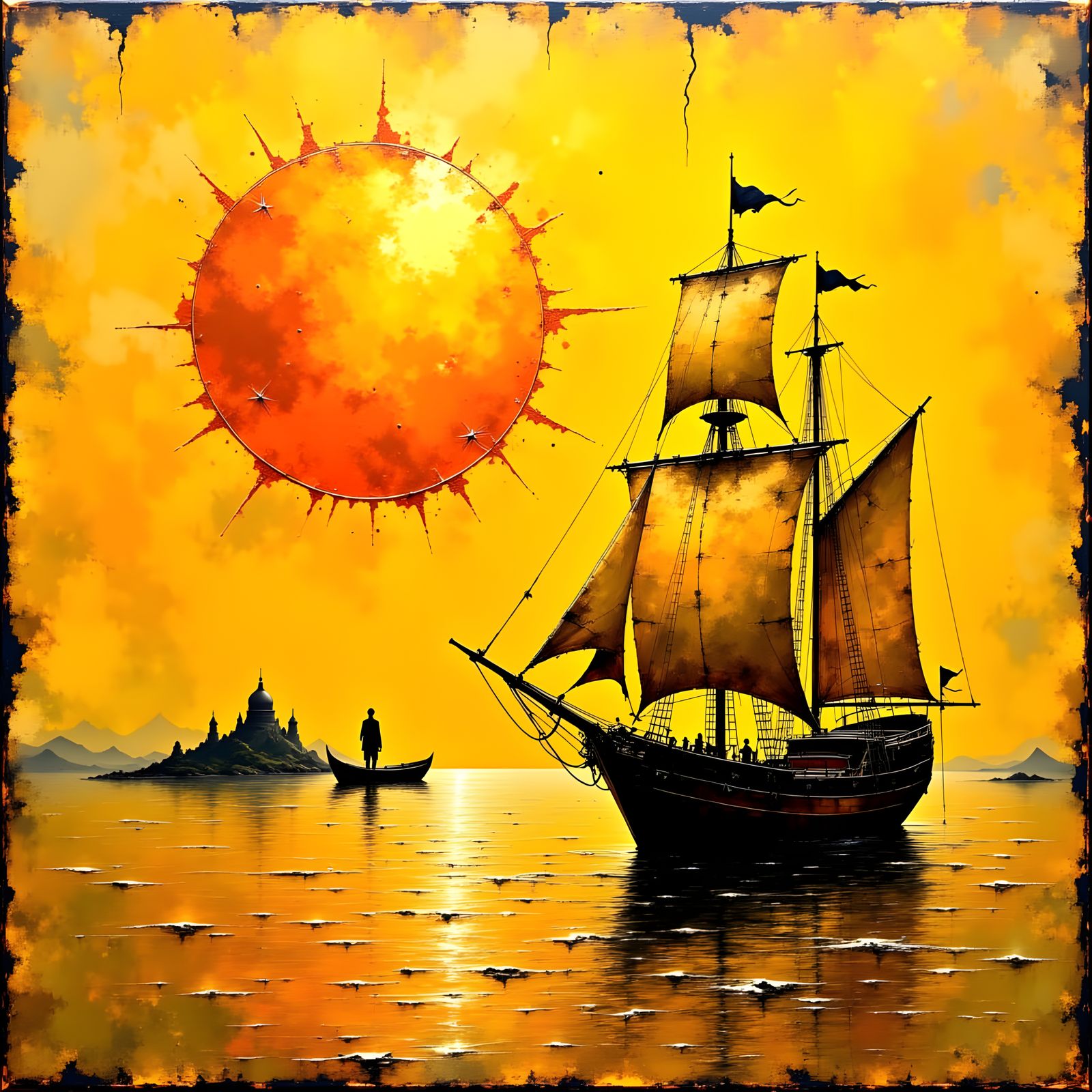 Golden Sailboat with Middle Eastern Celestial Sails