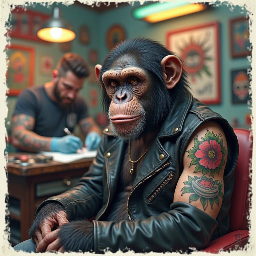 Chimpanzee Getting Tattoo in Hyperrealistic Style