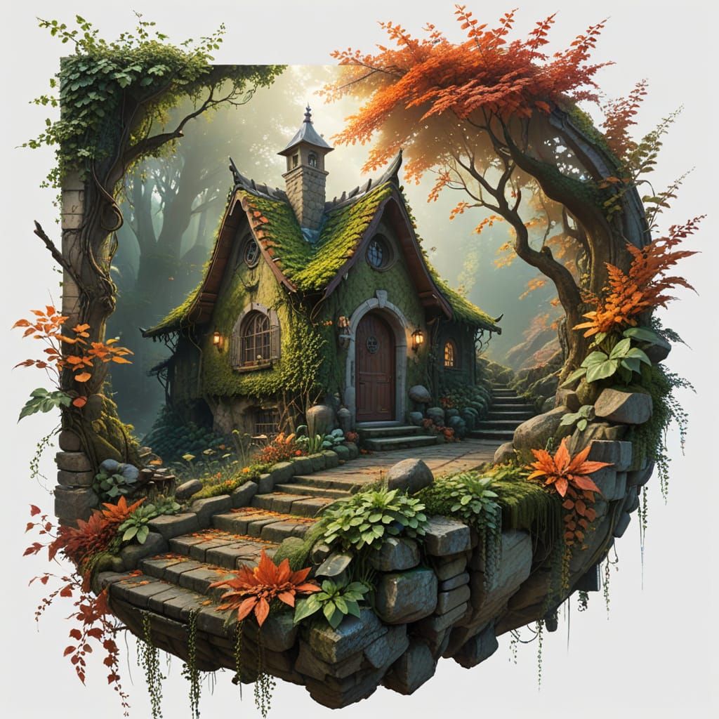 Rustic Autumn Abode in Vibrant Digital Surrealism
