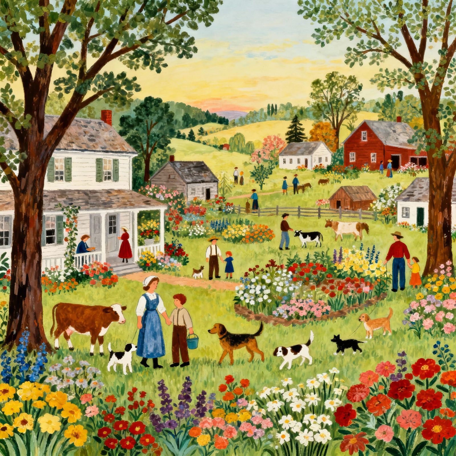 Antique Village Folk Art Painting with Lively Details