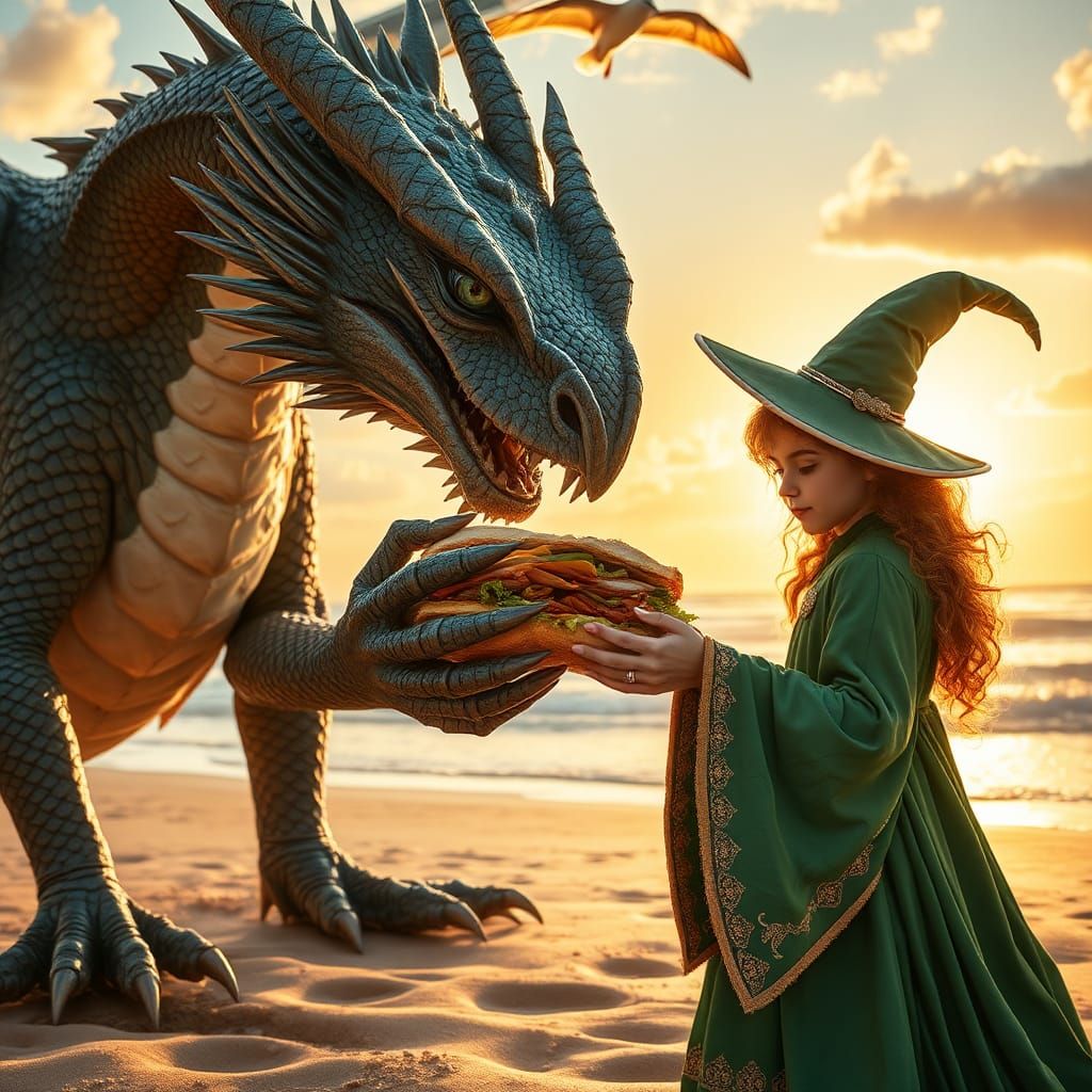 Dragon Shares Sandwich with Witch on Beach