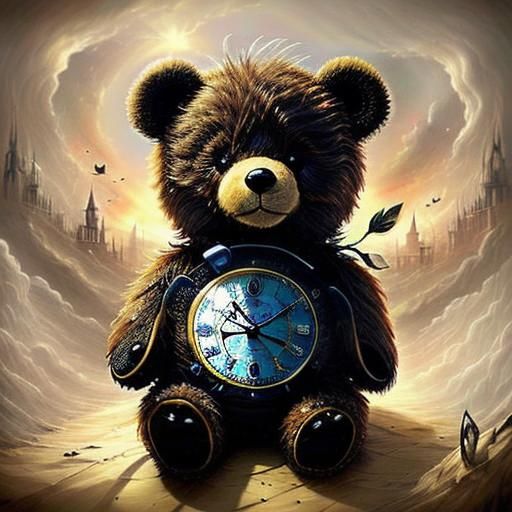 Teddy Bear Creature Holding Clock with Ethereal Swirls