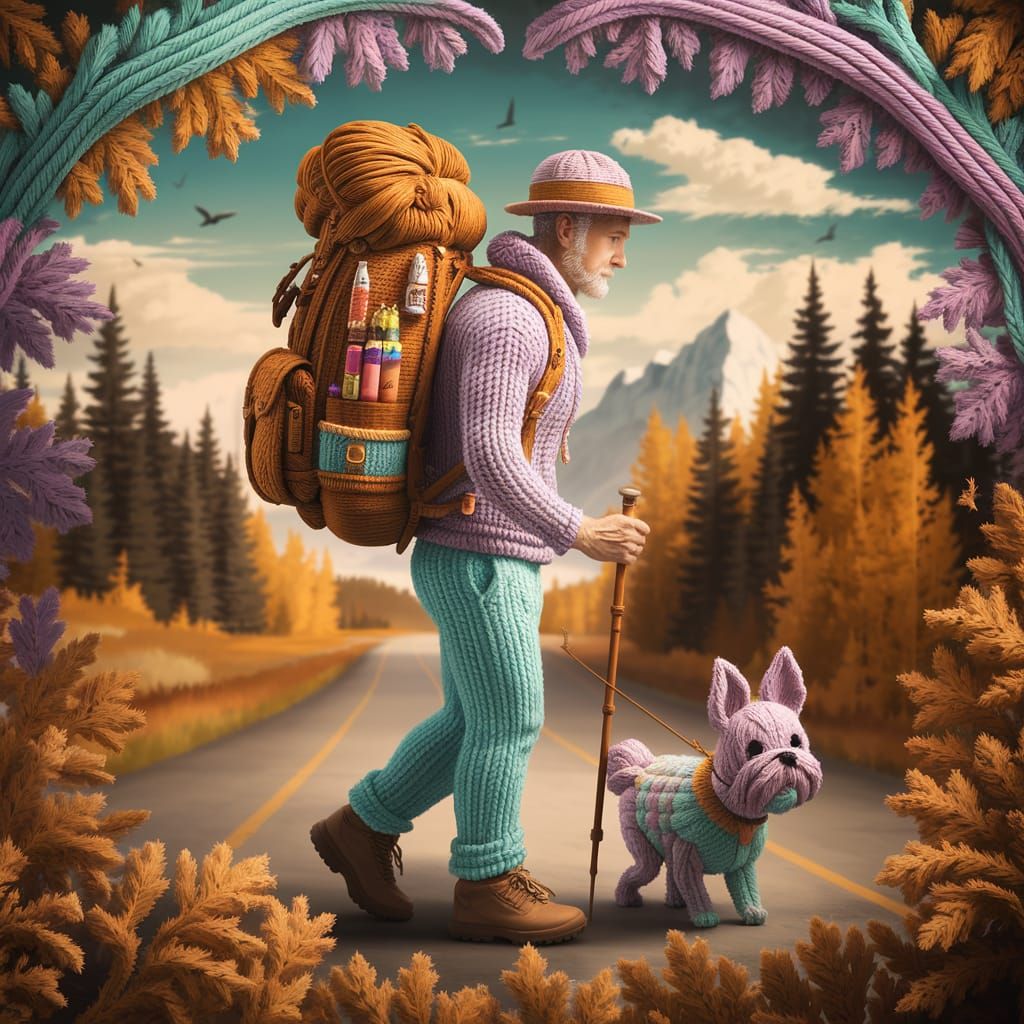 Woolen Man and Dog Hiking in Pastel Landscape