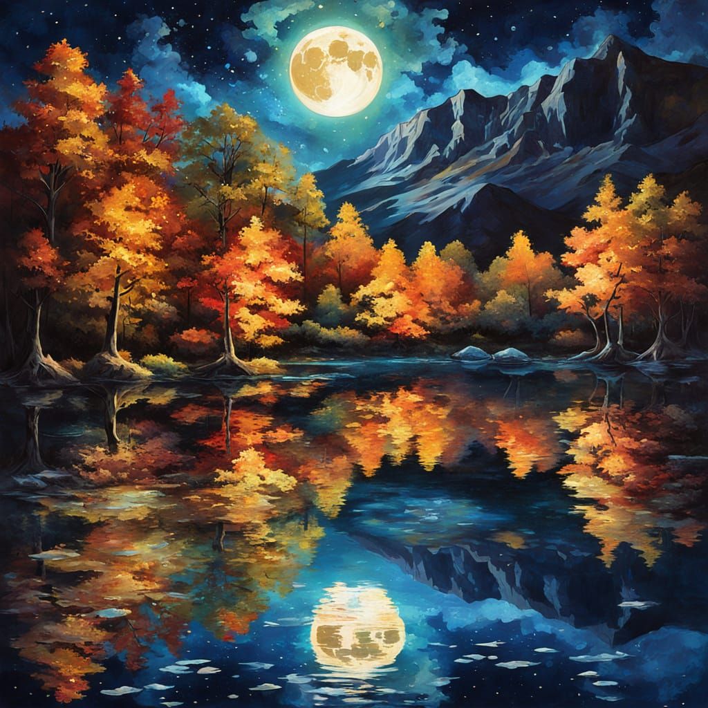 Astral Expressionist Shimmers Reflecting Autumn Lakes Under ...