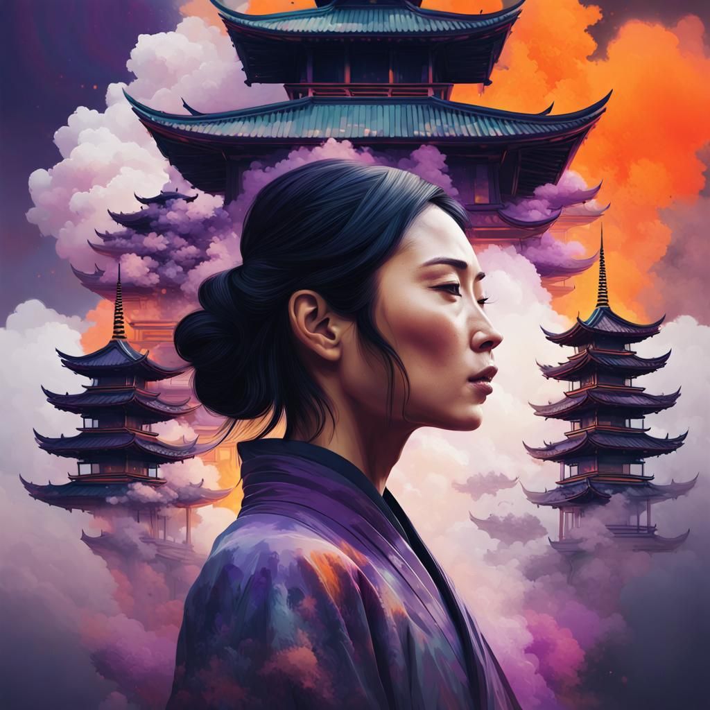 Vibrant Double Exposure Portrait with Asian Pagoda