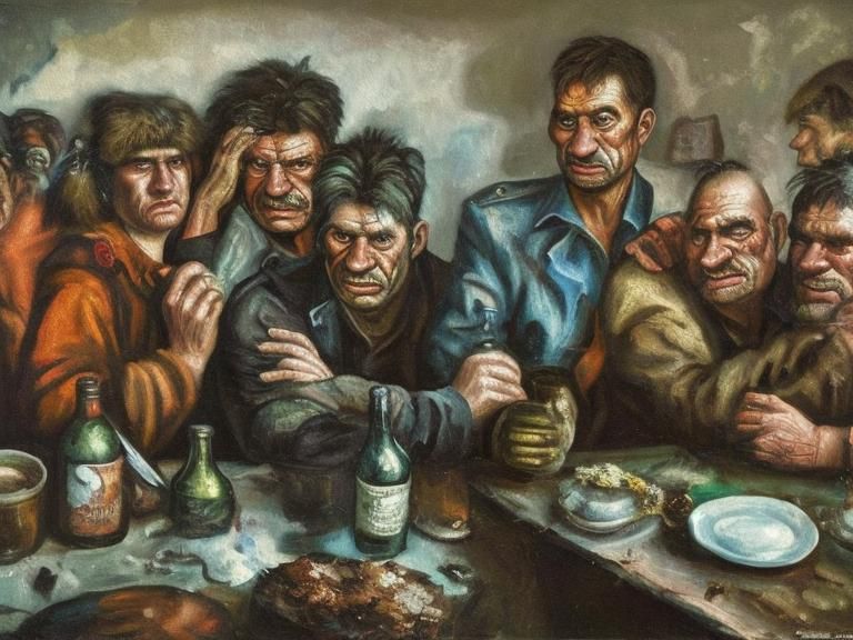 Grotesque Oil Painting of Country House Gathering
